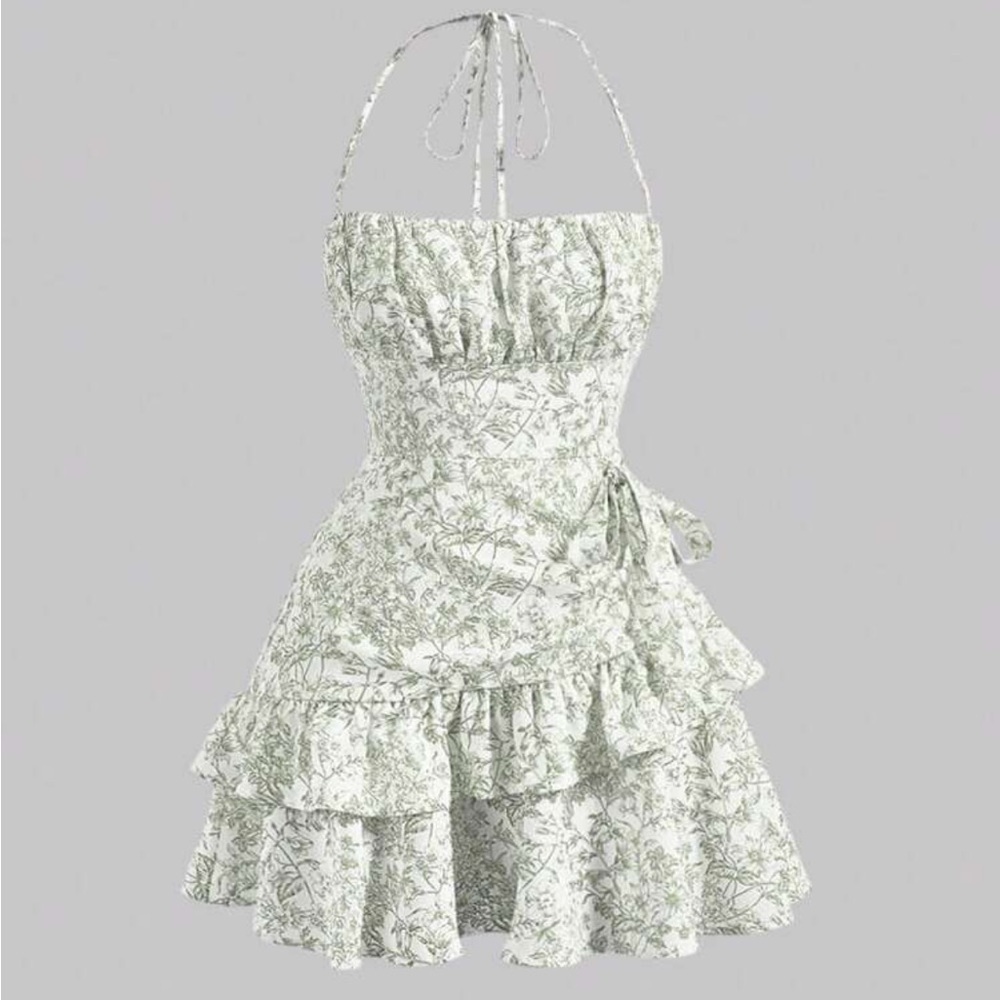 SHEIN Green Floral Print Ruched Bust Ruffle Trim Tie Backless Halter Dress